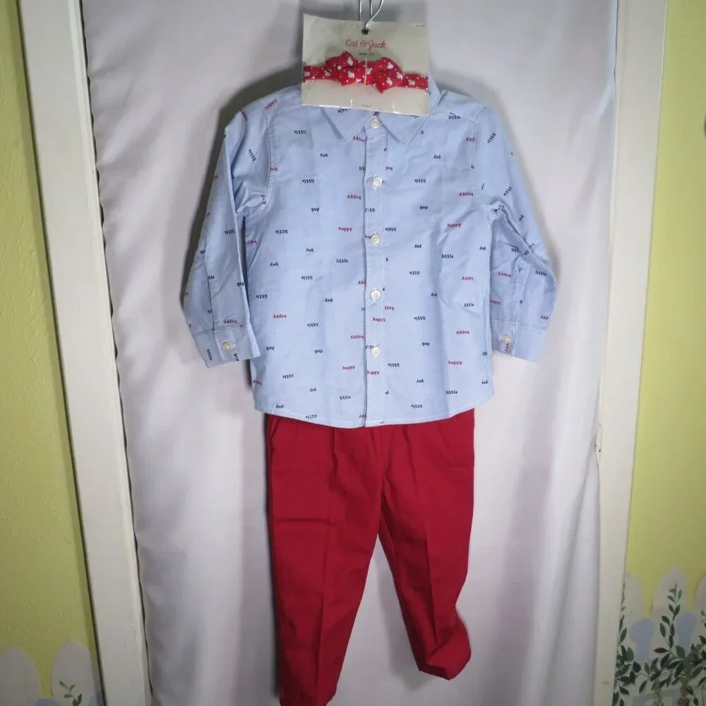 Patriotic 18M Coord Set: Blue Shirt, Red Poplin Pants & Polar Bear Bow Tie